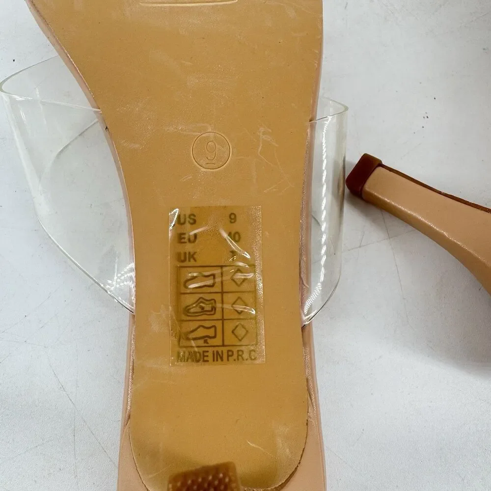 Greatonu Women’s Size 9 Clear Strap Heeled Sandals Nude Tan Square Toe